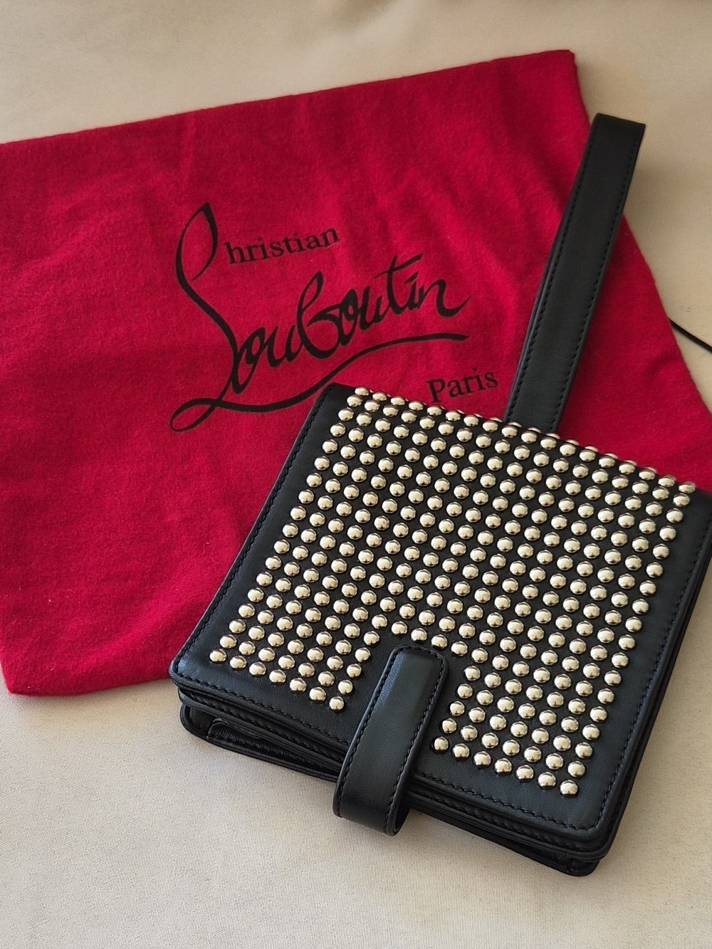 Christian Louboutin Paloma Studded Leather Wristlet Clutch Bag Black Silver